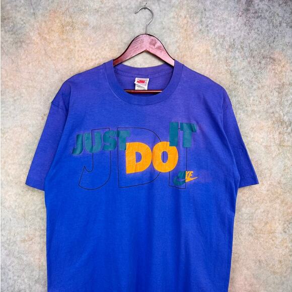 Vintage 80s Nike T Shirt Sz XL Blue Just Do It Logo Gray Tag USA Made Retro - Picture 2 of 8